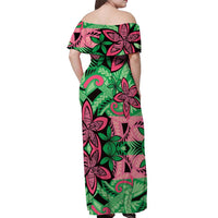 Plumeria Polynesian Pattern Off Shoulder Maxi Dress Unique Fantasy Green Pink
