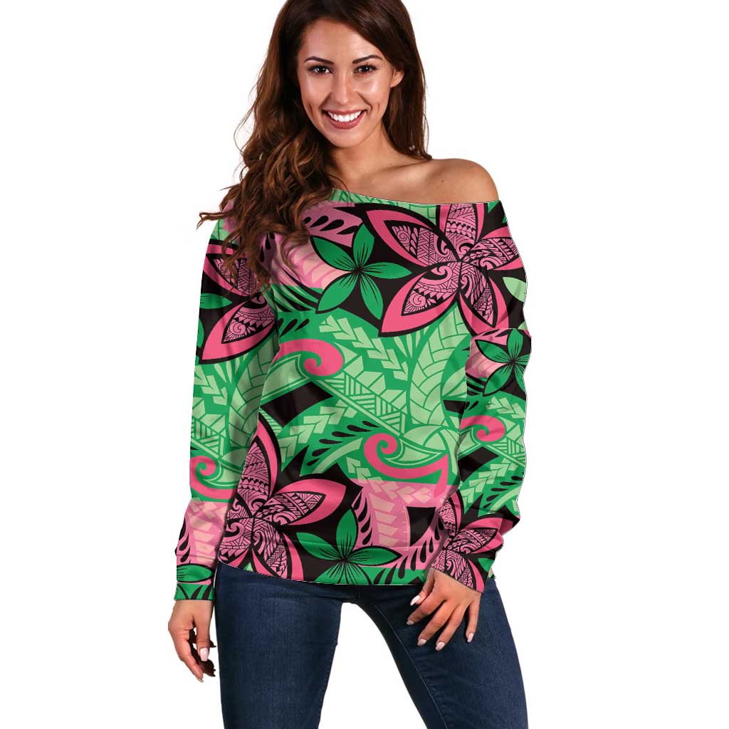 Plumeria Polynesian Pattern Off Shoulder Sweater Unique Fantasy Green Pink