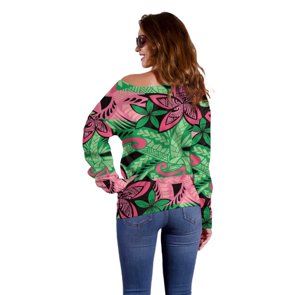 Plumeria Polynesian Pattern Off Shoulder Sweater Unique Fantasy Green Pink