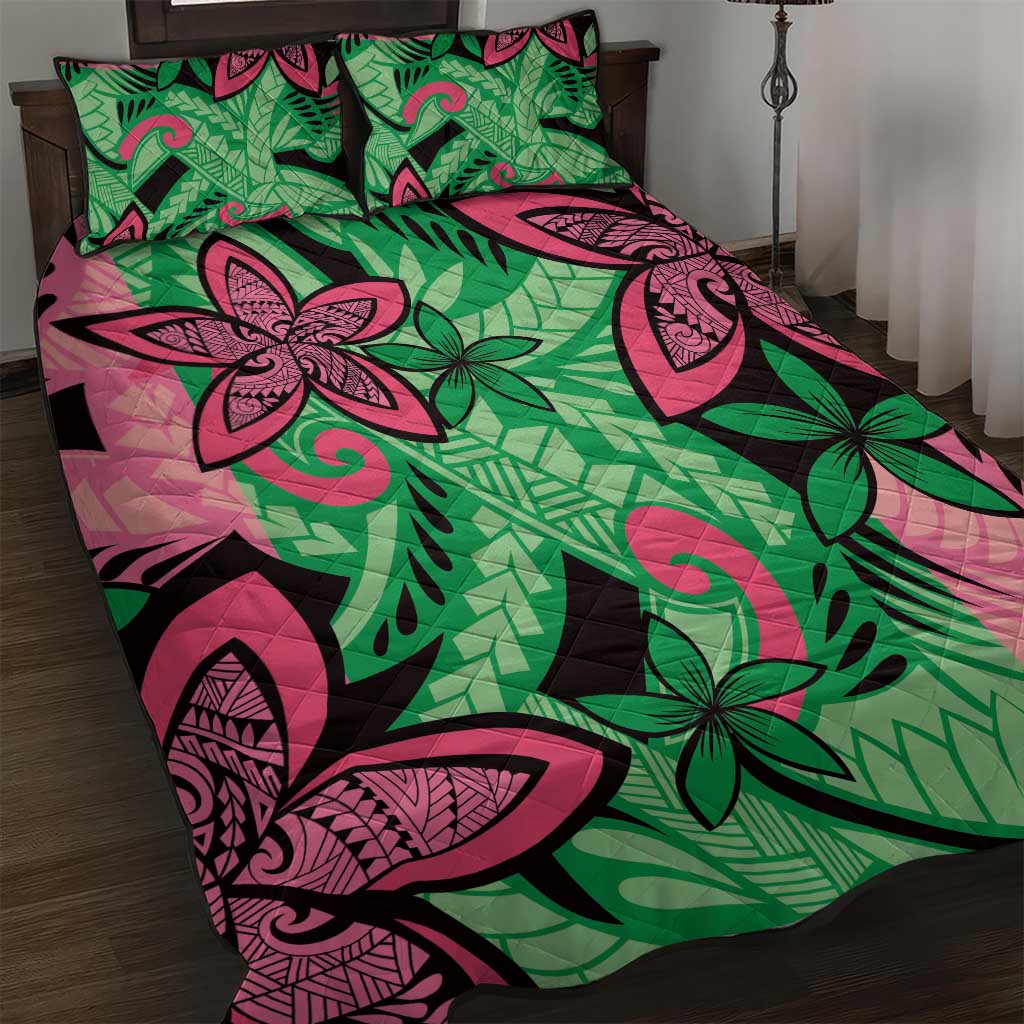 Plumeria Polynesian Pattern Quilt Bed Set Unique Fantasy Green Pink