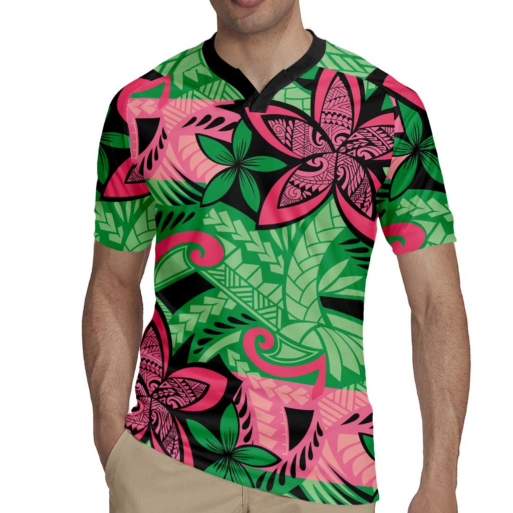 Plumeria Polynesian Pattern Rugby Jersey Unique Fantasy Green Pink