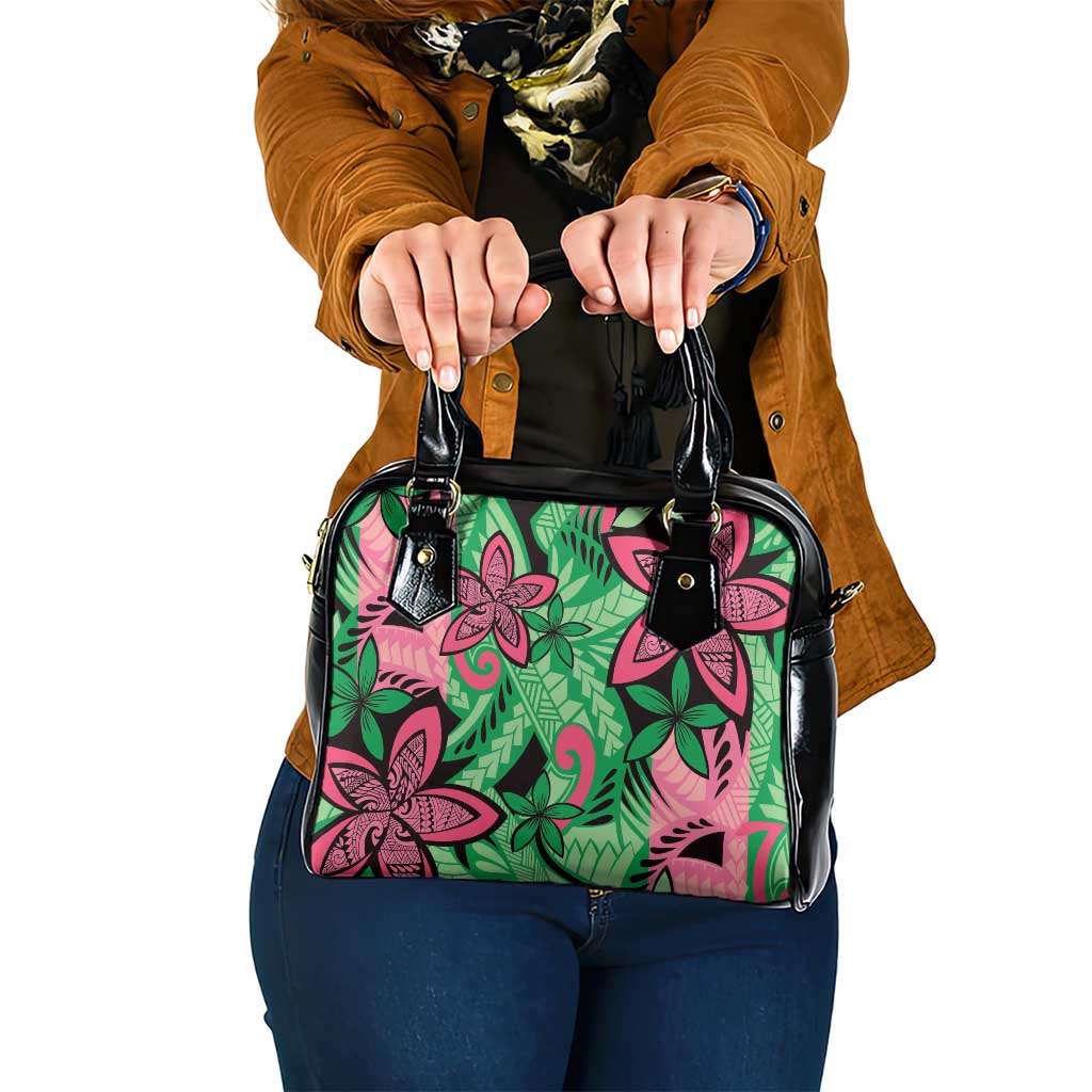 Plumeria Polynesian Pattern Shoulder Handbag Unique Fantasy Green Pink