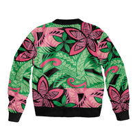 Plumeria Polynesian Pattern Sleeve Zip Bomber Jacket Unique Fantasy Green Pink LT01 - Polynesian Pride