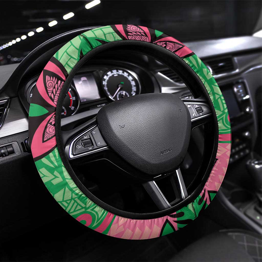 Plumeria Polynesian Pattern Steering Wheel Cover Unique Fantasy Green Pink