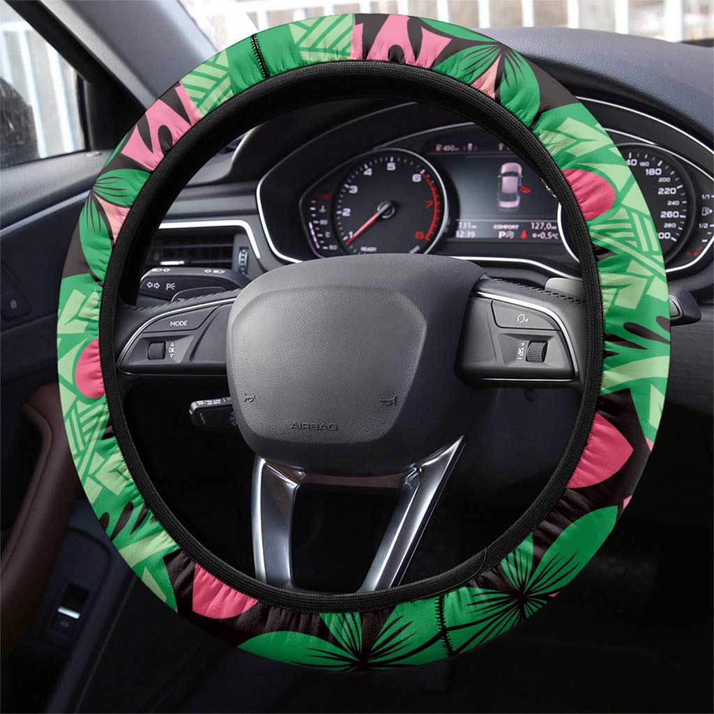 Plumeria Polynesian Pattern Steering Wheel Cover Unique Fantasy Green Pink