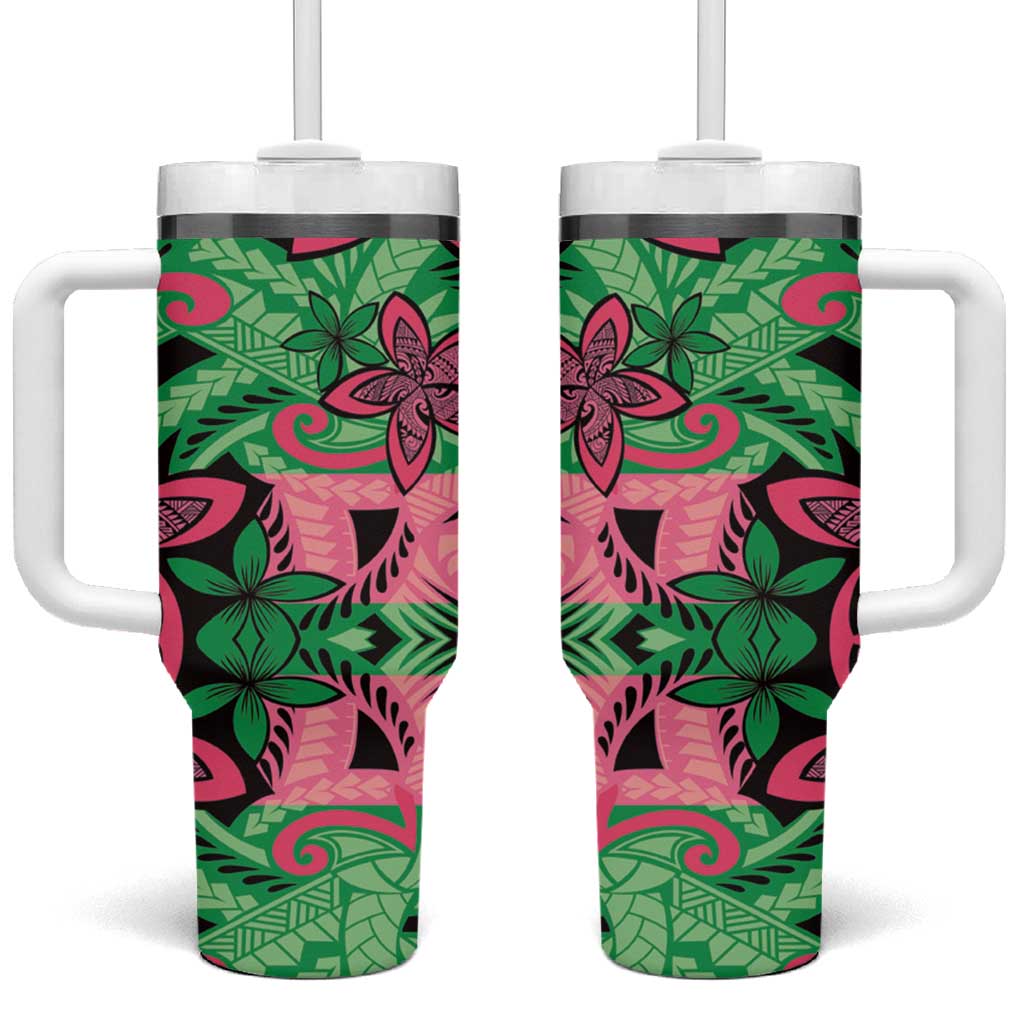 Plumeria Polynesian Pattern Tumbler With Handle Unique Fantasy Green Pink LT01 One Size: 40 oz Green - Polynesian Pride