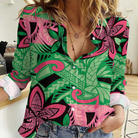 Plumeria Polynesian Pattern Women Casual Shirt Unique Fantasy Green Pink