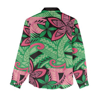 Plumeria Polynesian Pattern Women Casual Shirt Unique Fantasy Green Pink