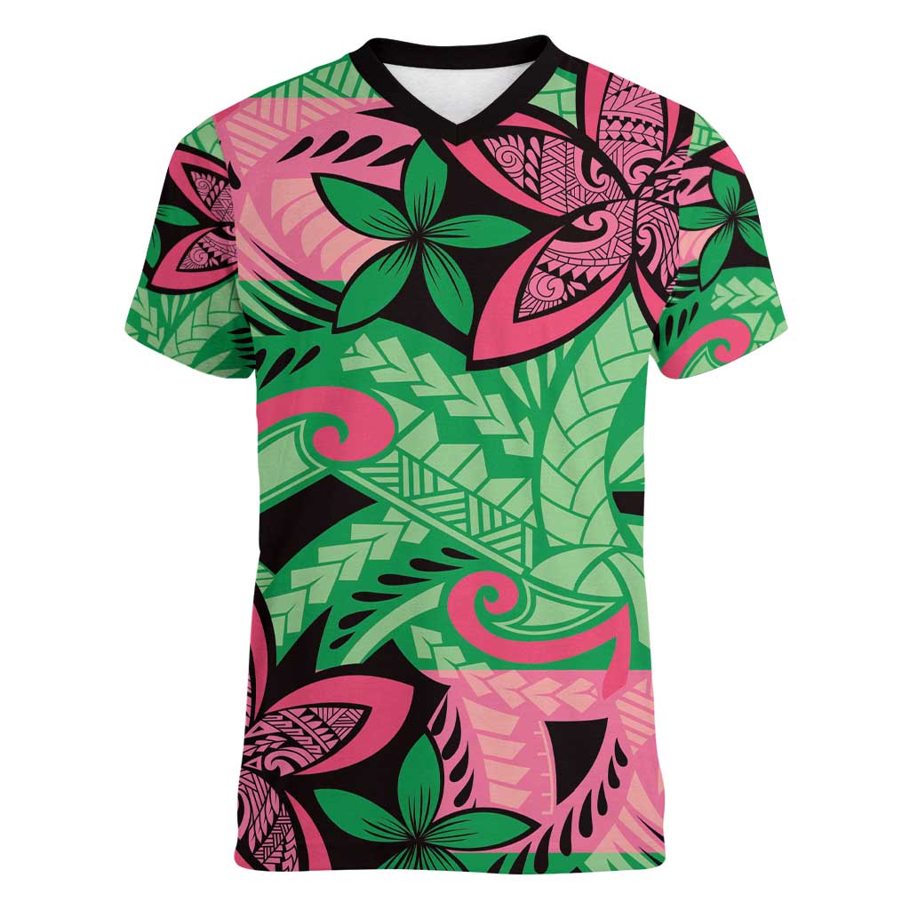 Plumeria Polynesian Pattern Women V-Neck T-Shirt Unique Fantasy Green Pink LT01 Female Green - Polynesian Pride