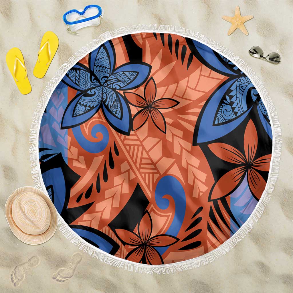 Plumeria Polynesian Pattern Beach Blanket Unique Fantasy Orange Blue
