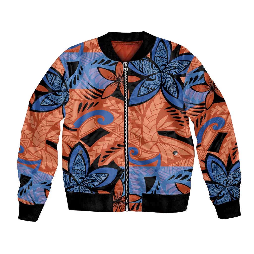 Plumeria Polynesian Pattern Bomber Jacket Unique Fantasy Orange Blue LT01 Unisex Orange - Polynesian Pride