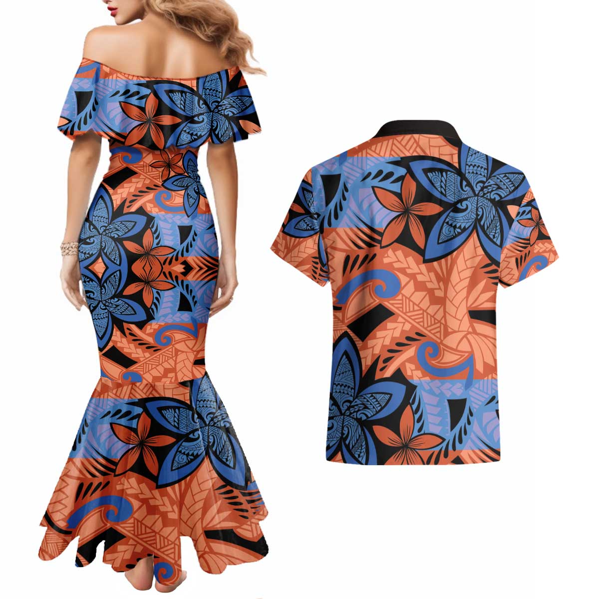 Plumeria Polynesian Pattern Couples Matching Mermaid Dress and Hawaiian Shirt Unique Fantasy Orange Blue LT01 - Polynesian Pride