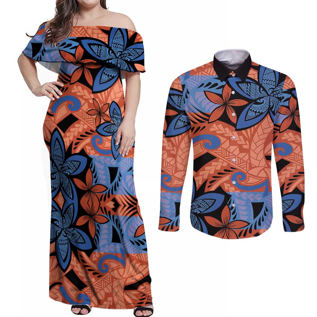 Plumeria Polynesian Pattern Couples Matching Off Shoulder Maxi Dress and Long Sleeve Button Shirt Unique Fantasy Orange Blue LT01 Orange - Polynesian Pride