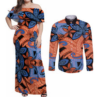 Plumeria Polynesian Pattern Couples Matching Off Shoulder Maxi Dress and Long Sleeve Button Shirt Unique Fantasy Orange Blue LT01 Orange - Polynesian Pride