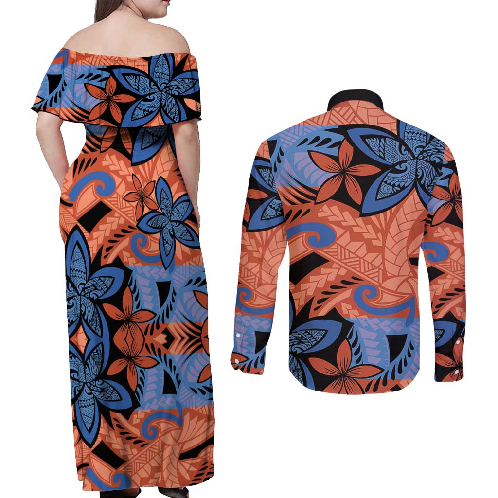 Plumeria Polynesian Pattern Couples Matching Off Shoulder Maxi Dress and Long Sleeve Button Shirt Unique Fantasy Orange Blue LT01 - Polynesian Pride