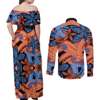 Plumeria Polynesian Pattern Couples Matching Off Shoulder Maxi Dress and Long Sleeve Button Shirt Unique Fantasy Orange Blue LT01 - Polynesian Pride