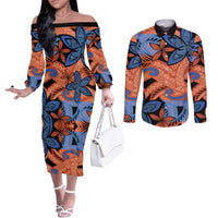 Plumeria Polynesian Pattern Couples Matching Off The Shoulder Long Sleeve Dress and Long Sleeve Button Shirt Unique Fantasy Orange Blue LT01 Orange - Polynesian Pride