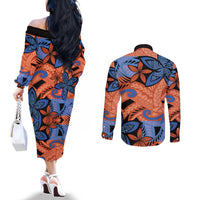 Plumeria Polynesian Pattern Couples Matching Off The Shoulder Long Sleeve Dress and Long Sleeve Button Shirt Unique Fantasy Orange Blue LT01 - Polynesian Pride