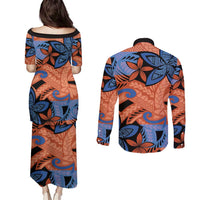 Plumeria Polynesian Pattern Couples Matching Puletasi and Long Sleeve Button Shirt Unique Fantasy Orange Blue