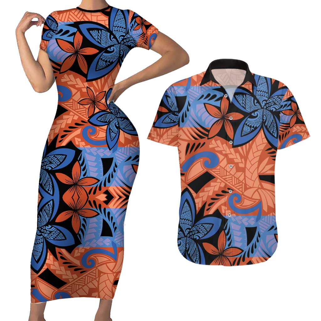 Plumeria Polynesian Pattern Couples Matching Short Sleeve Bodycon Dress and Hawaiian Shirt Unique Fantasy Orange Blue LT01 Orange - Polynesian Pride