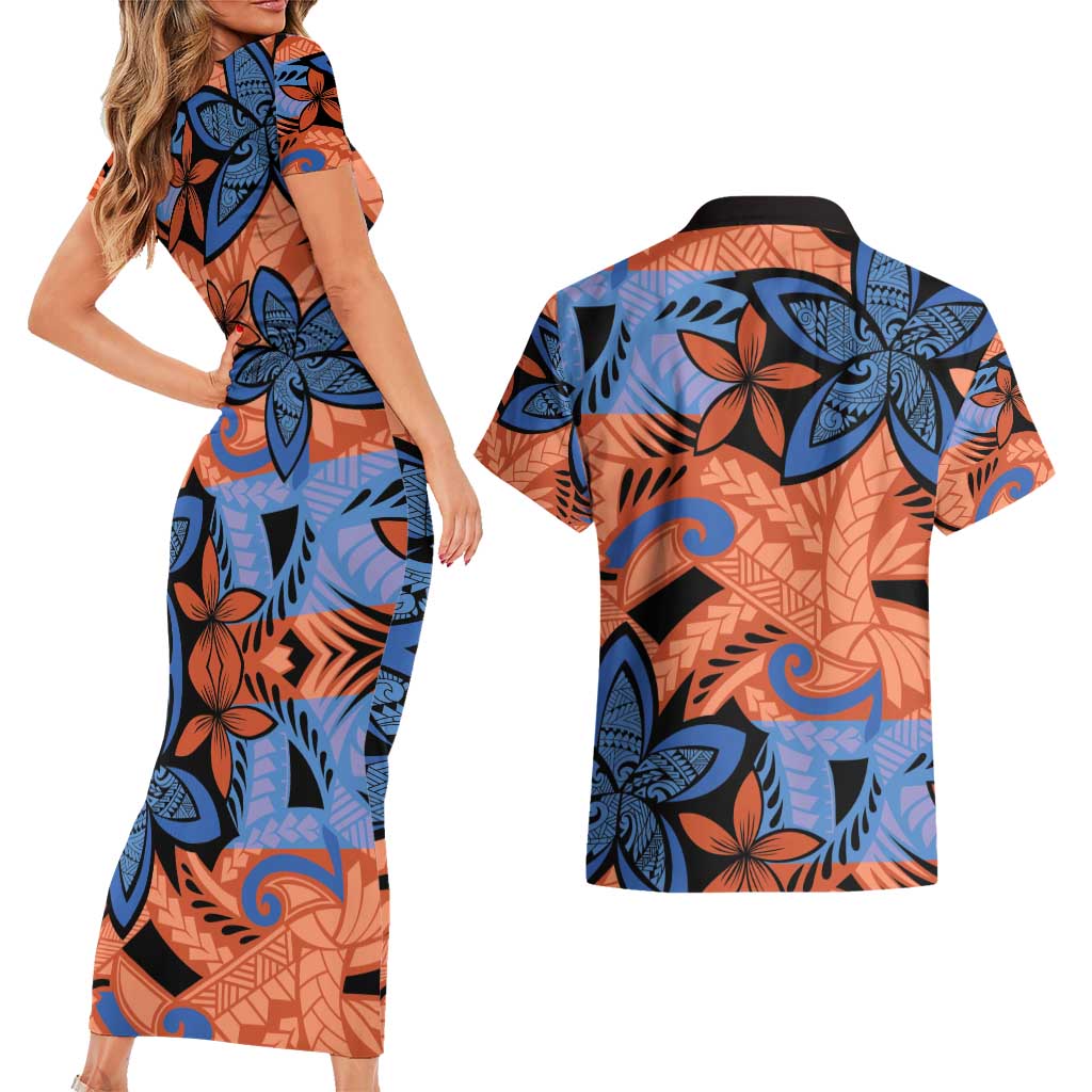 Plumeria Polynesian Pattern Couples Matching Short Sleeve Bodycon Dress and Hawaiian Shirt Unique Fantasy Orange Blue LT01 - Polynesian Pride