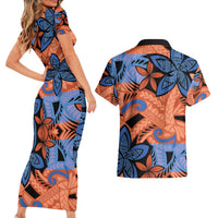 Plumeria Polynesian Pattern Couples Matching Short Sleeve Bodycon Dress and Hawaiian Shirt Unique Fantasy Orange Blue LT01 - Polynesian Pride