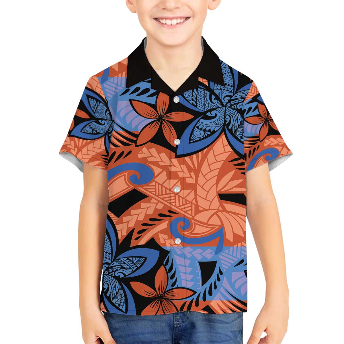 Plumeria Polynesian Pattern Family Matching Off The Shoulder Long Sleeve Dress and Hawaiian Shirt Unique Fantasy Orange Blue