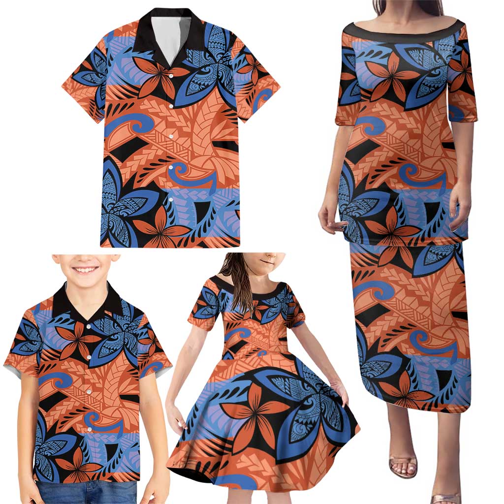 Plumeria Polynesian Pattern Family Matching Puletasi and Hawaiian Shirt Unique Fantasy Orange Blue LT01 - Polynesian Pride