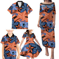 Plumeria Polynesian Pattern Family Matching Puletasi and Hawaiian Shirt Unique Fantasy Orange Blue LT01 - Polynesian Pride
