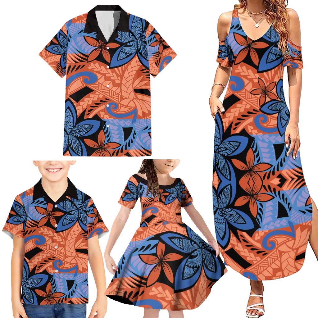 Plumeria Polynesian Pattern Family Matching Summer Maxi Dress and Hawaiian Shirt Unique Fantasy Orange Blue LT01 - Polynesian Pride