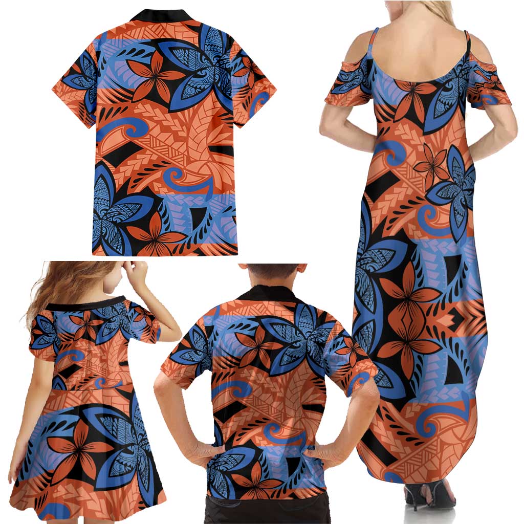 Plumeria Polynesian Pattern Family Matching Summer Maxi Dress and Hawaiian Shirt Unique Fantasy Orange Blue LT01 - Polynesian Pride