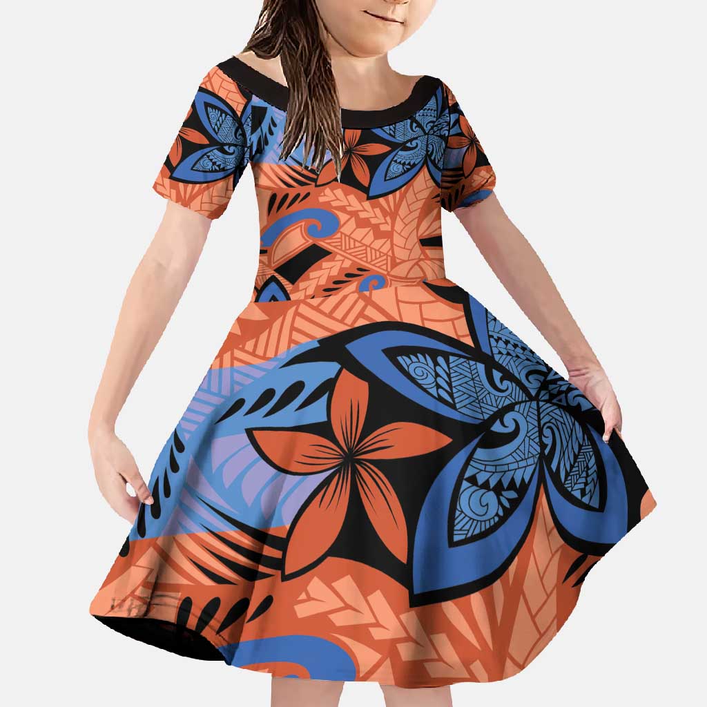 Plumeria Polynesian Pattern Family Matching Tank Maxi Dress and Hawaiian Shirt Unique Fantasy Orange Blue LT01 Daughter's Dress Orange - Polynesian Pride