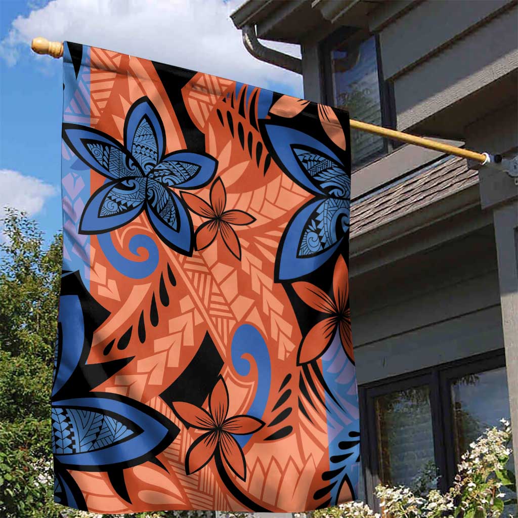 Plumeria Polynesian Pattern Garden Flag Unique Fantasy Orange Blue