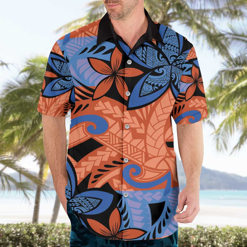 Plumeria Polynesian Pattern Hawaiian Shirt Unique Fantasy Orange Blue
