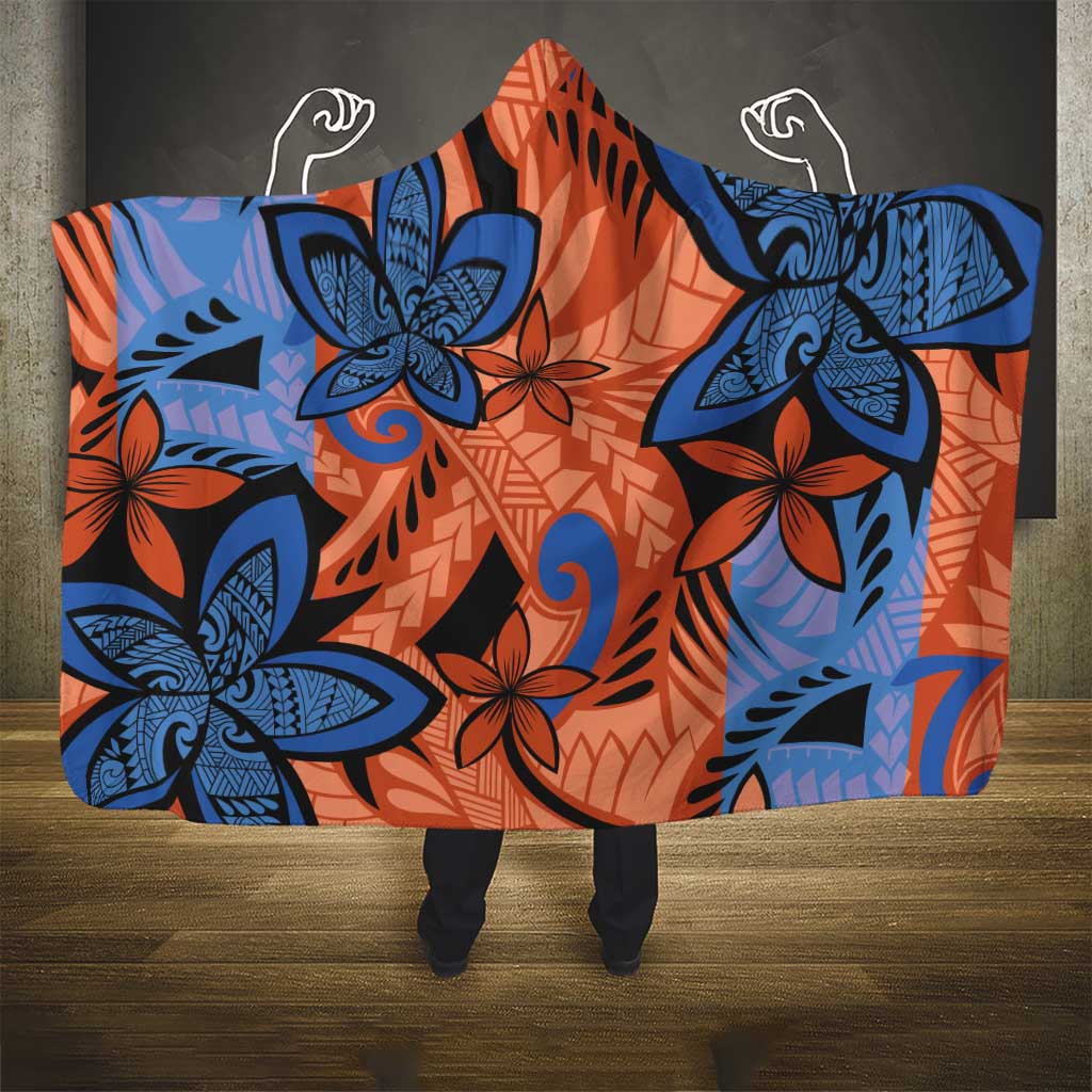 Plumeria Polynesian Pattern Hooded Blanket Unique Fantasy Orange Blue