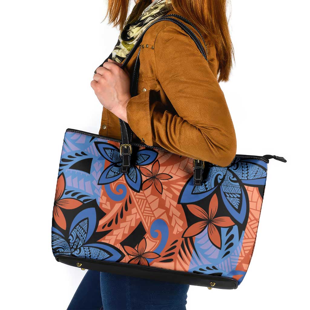 Plumeria Polynesian Pattern Leather Tote Bag Unique Fantasy Orange Blue LT01 Orange - Polynesian Pride