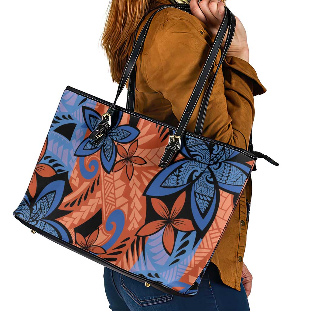 Plumeria Polynesian Pattern Leather Tote Bag Unique Fantasy Orange Blue LT01 - Polynesian Pride
