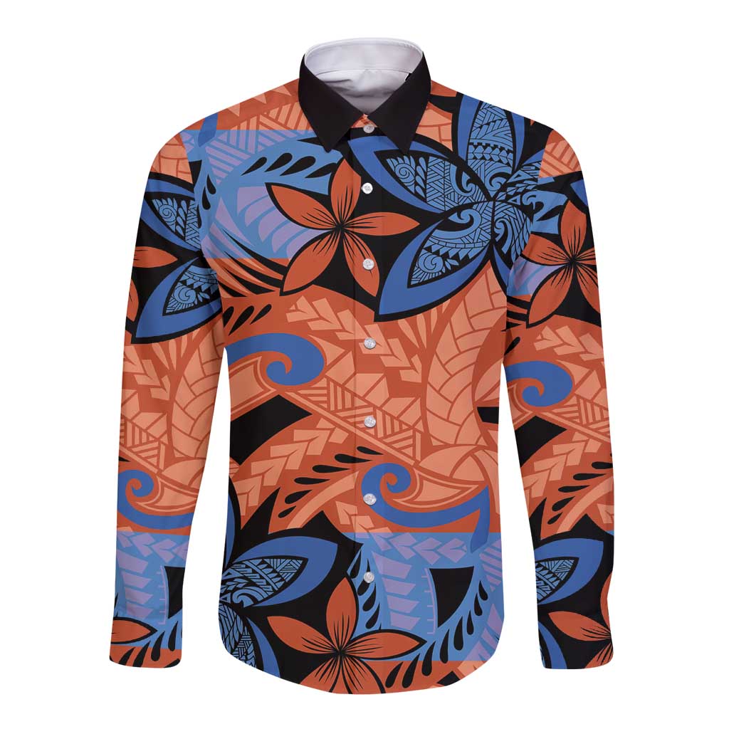 Plumeria Polynesian Pattern Long Sleeve Button Shirt Unique Fantasy Orange Blue