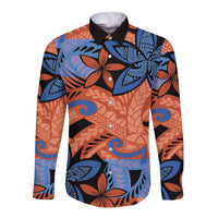 Plumeria Polynesian Pattern Long Sleeve Button Shirt Unique Fantasy Orange Blue