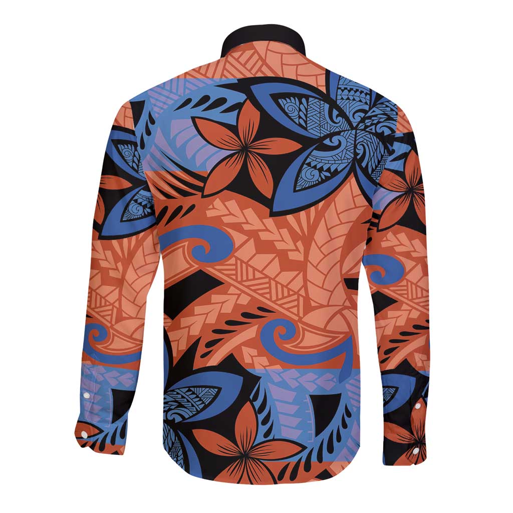 Plumeria Polynesian Pattern Long Sleeve Button Shirt Unique Fantasy Orange Blue