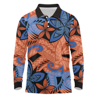 Plumeria Polynesian Pattern Long Sleeve Polo Shirt Unique Fantasy Orange Blue LT01 Orange - Polynesian Pride