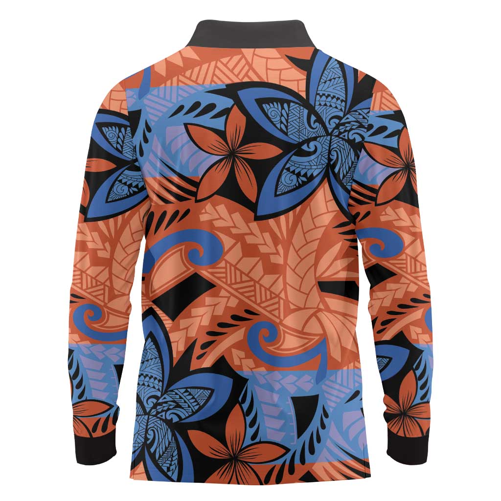 Plumeria Polynesian Pattern Long Sleeve Polo Shirt Unique Fantasy Orange Blue LT01 - Polynesian Pride