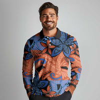Plumeria Polynesian Pattern Long Sleeve Polo Shirt Unique Fantasy Orange Blue LT01 - Polynesian Pride