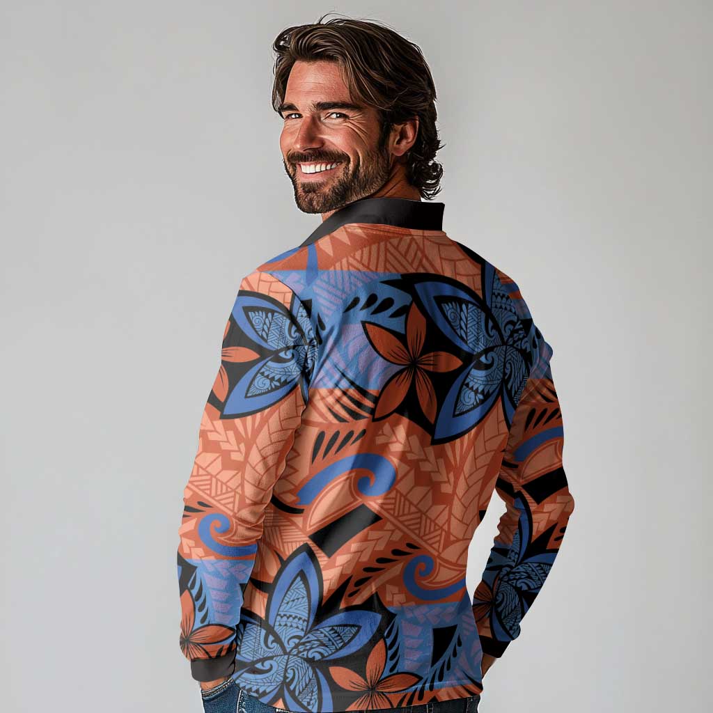 Plumeria Polynesian Pattern Long Sleeve Polo Shirt Unique Fantasy Orange Blue LT01 - Polynesian Pride