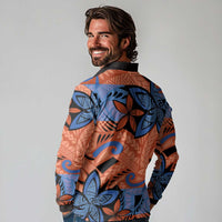 Plumeria Polynesian Pattern Long Sleeve Polo Shirt Unique Fantasy Orange Blue LT01 - Polynesian Pride