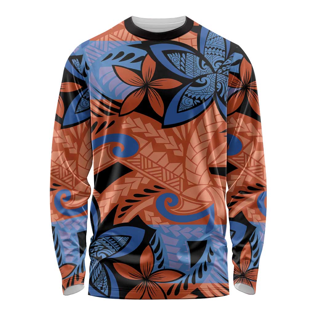 Plumeria Polynesian Pattern Long Sleeve Shirt Unique Fantasy Orange Blue