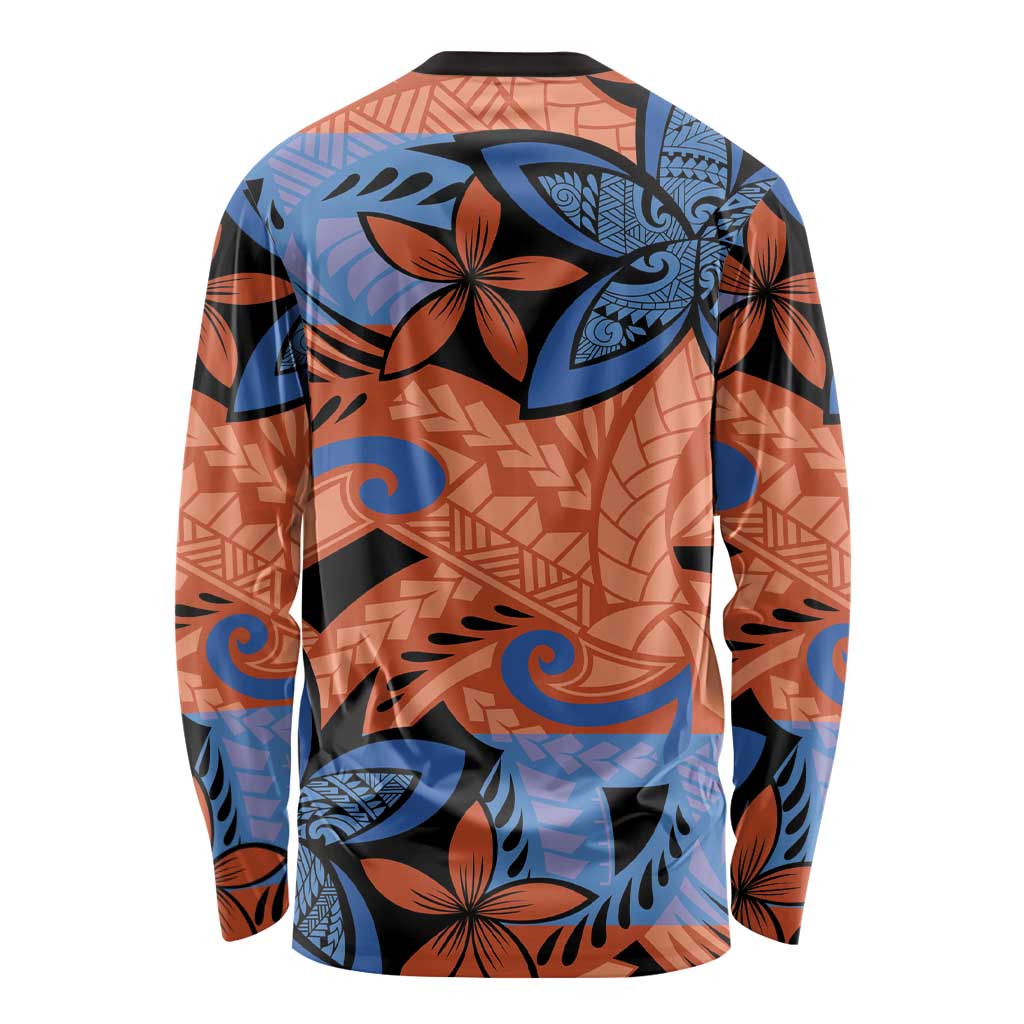 Plumeria Polynesian Pattern Long Sleeve Shirt Unique Fantasy Orange Blue