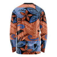 Plumeria Polynesian Pattern Long Sleeve Shirt Unique Fantasy Orange Blue
