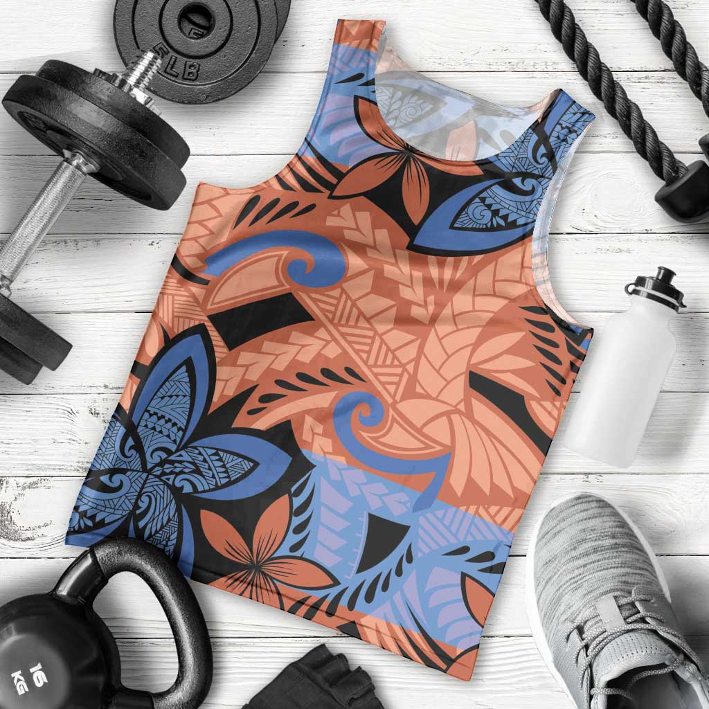 Plumeria Polynesian Pattern Men Tank Top Unique Fantasy Orange Blue