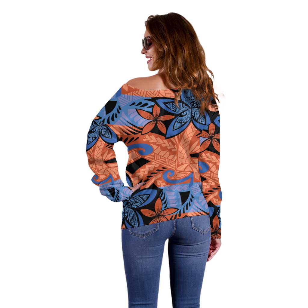 Plumeria Polynesian Pattern Off Shoulder Sweater Unique Fantasy Orange Blue